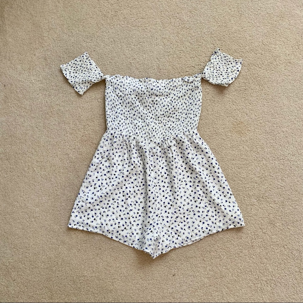 Forever 21 Blue and White Floral Off the Shoulder Romper